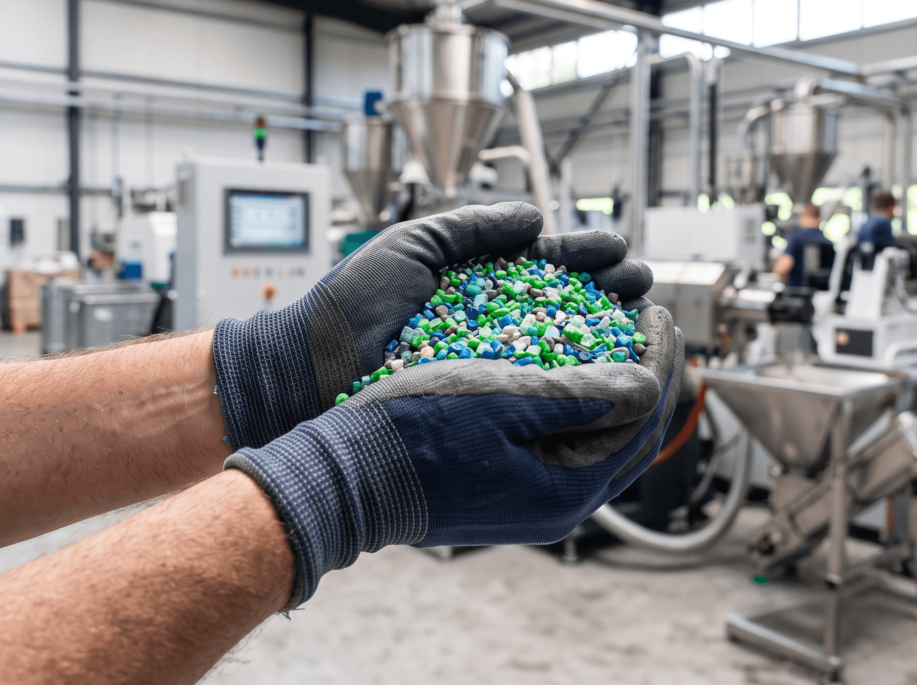 Colaborador com grânulos plásticos reciclados na planta do Grupo Focus