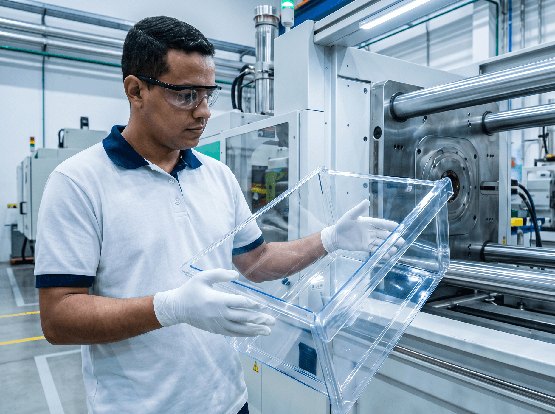 Colaborador avaliando gaveta plástica injetada de eletrodoméstico